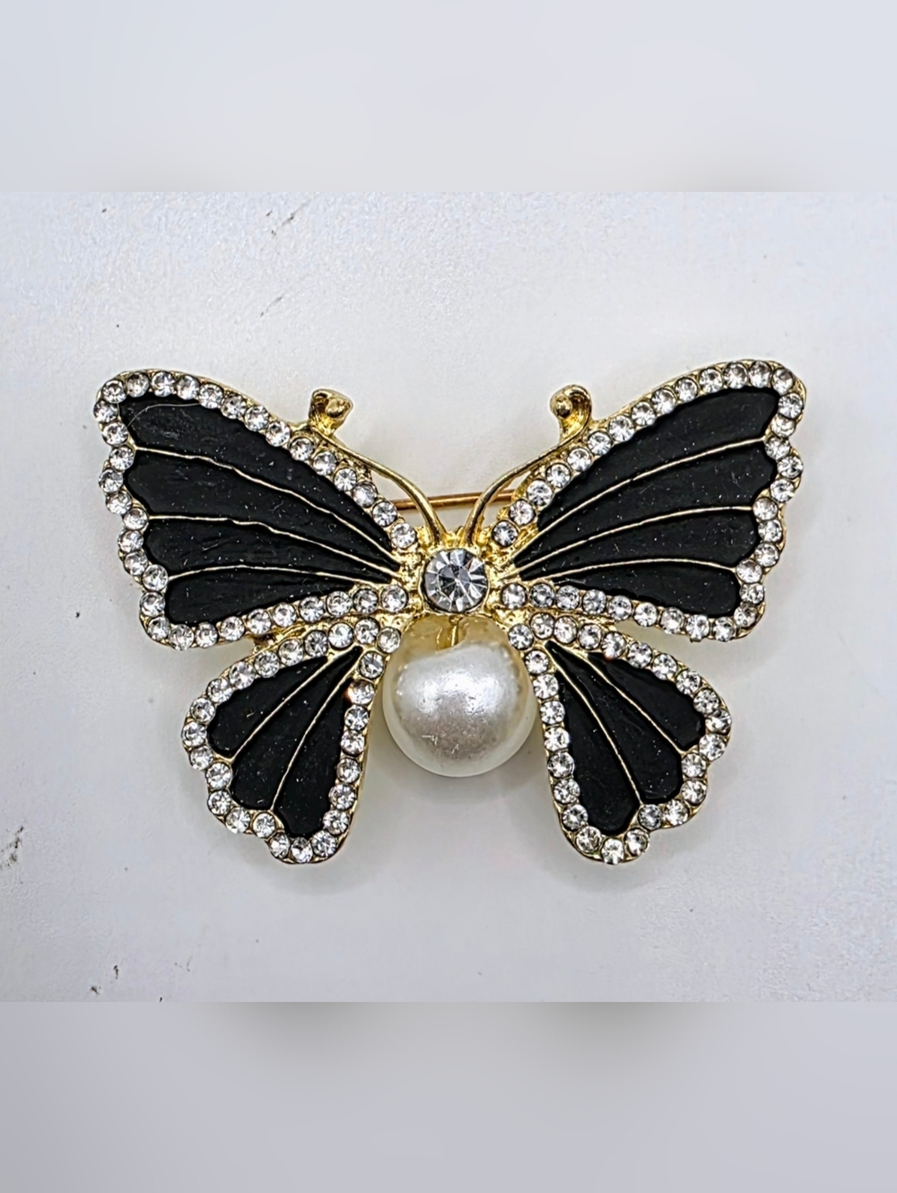 Butterfly Brooch Black Enamel Rhinestone Faux Pearl Gold Tone Pin